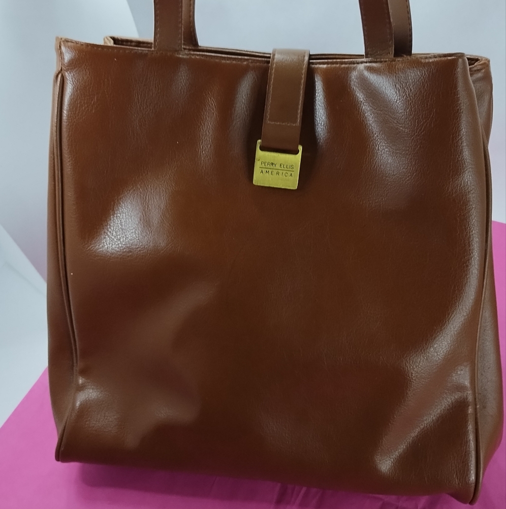 America Perry Ellis Large Brown Leather Tote